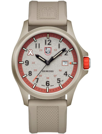 Luminox wristwatch with aluminium case, sand colored dial, and sand rubber strap.