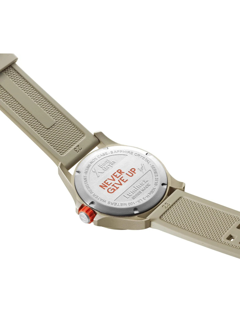 Back view of Luminox wristwatch with aluminium case, and sand rubber strap.