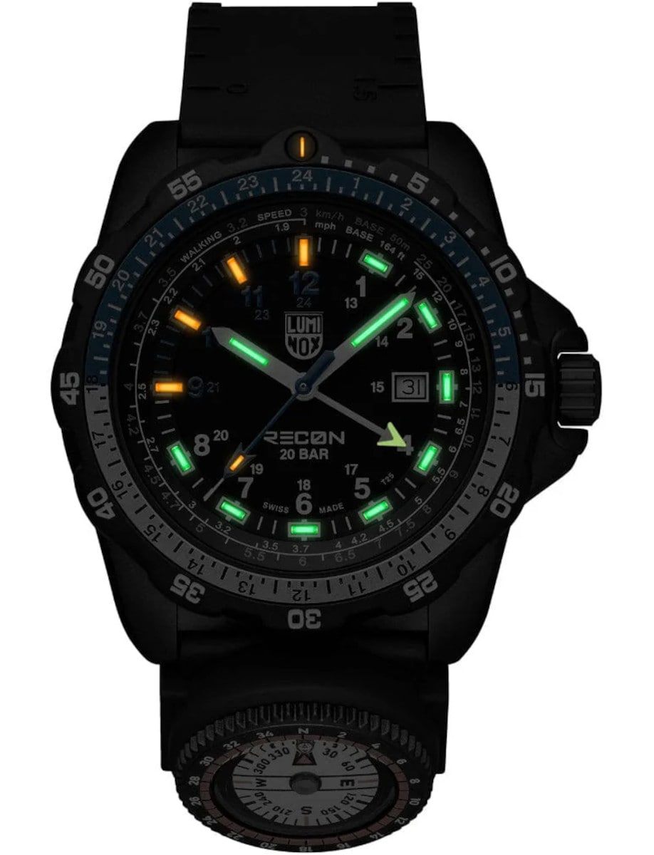 Night view of Luminox wristwatch with CARBONOX case, black dial and black rubber strap