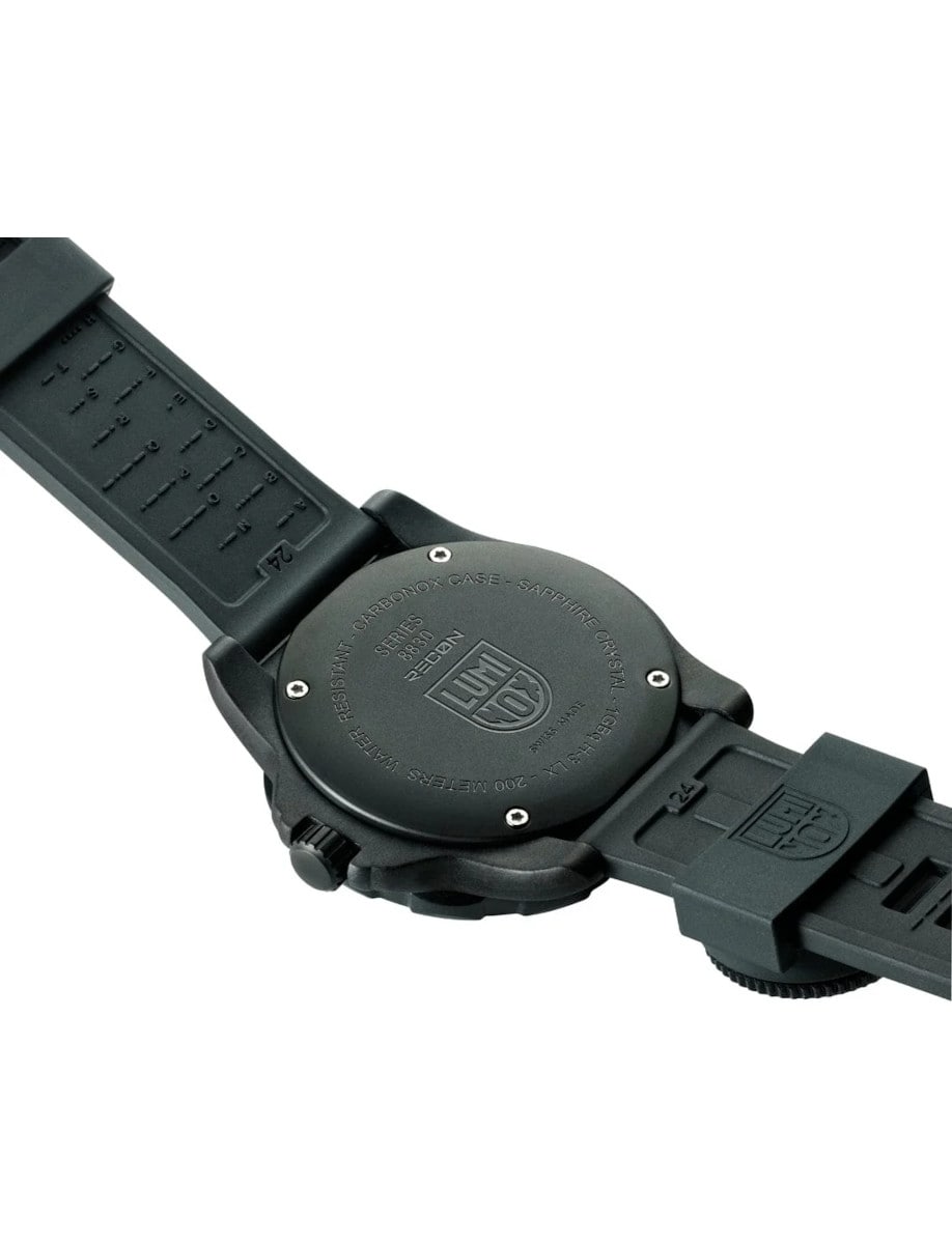 Back view of Luminox wristwatch with CARBONOX case and black rubber strap
