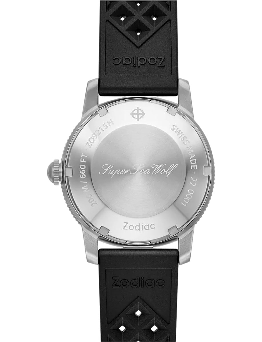 Back view of Zodiac wristwatch with stainless steel case and black rubber strap