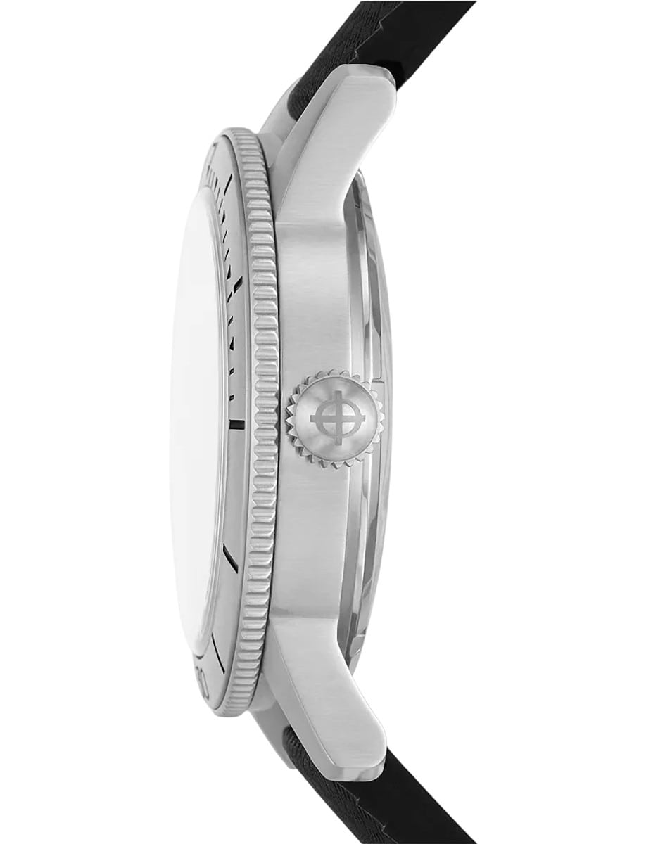 Side view of Zodiac wristwatch with stainless steel case and black rubber strap