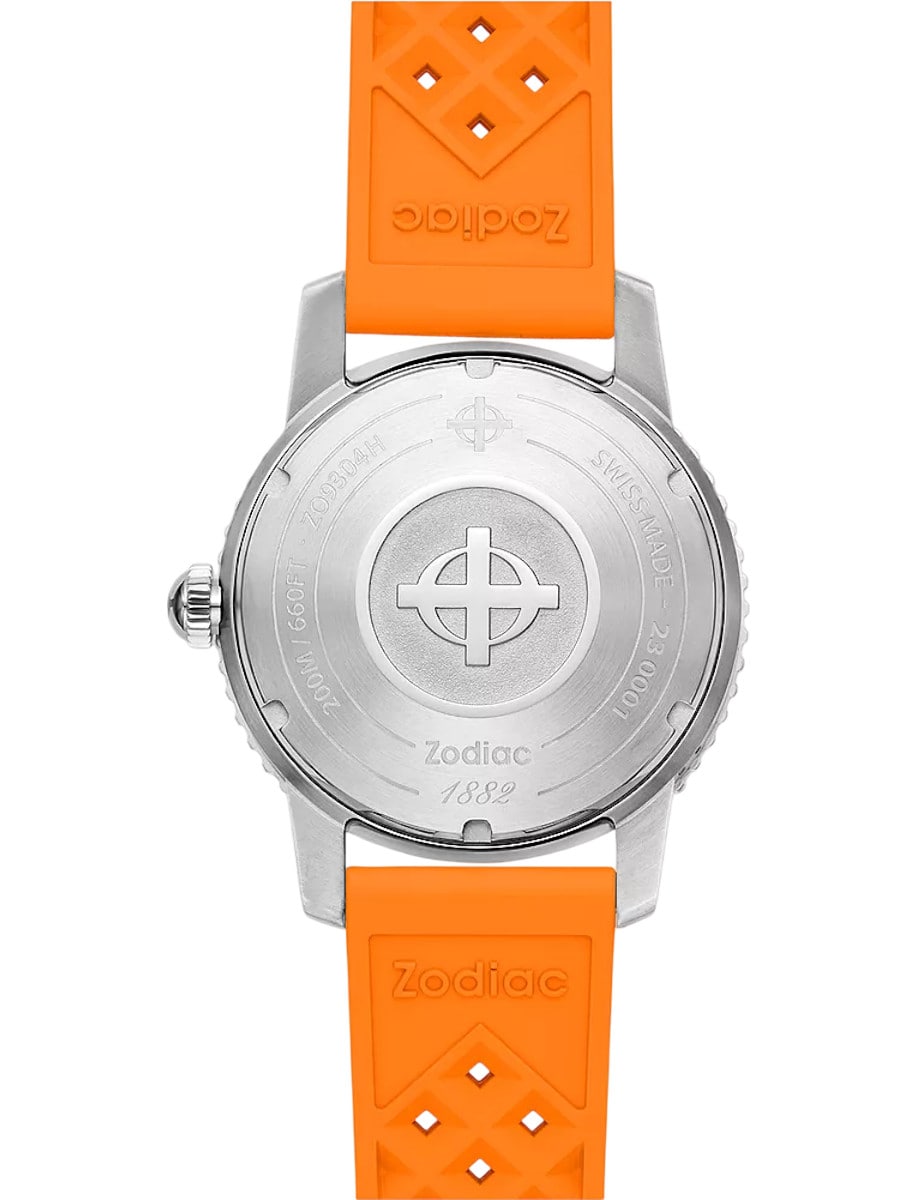 Back view of Zodiac wristwatch with stainless steel case and orange rubber strap