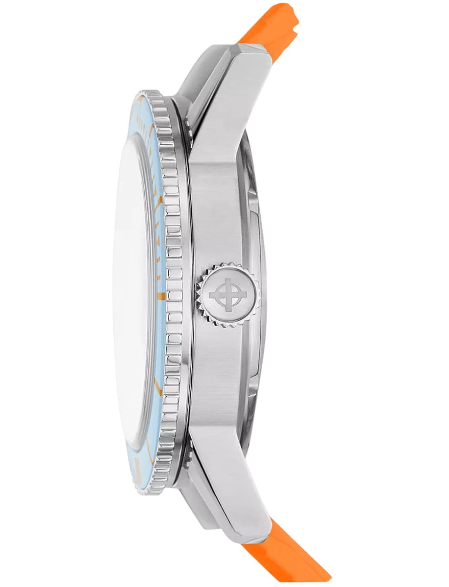 Side view of Zodiac wristwatch with stainless steel case and orange rubber strap