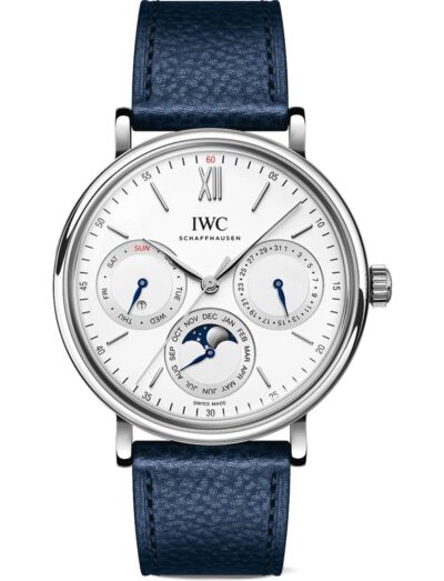 IWC wristwatch with stainless steel case, white dial, and blue calfskin strap. | Feldmar Watch Co. IWC wristwatch with stainless steel case, white dial, and blue calfskin strap.