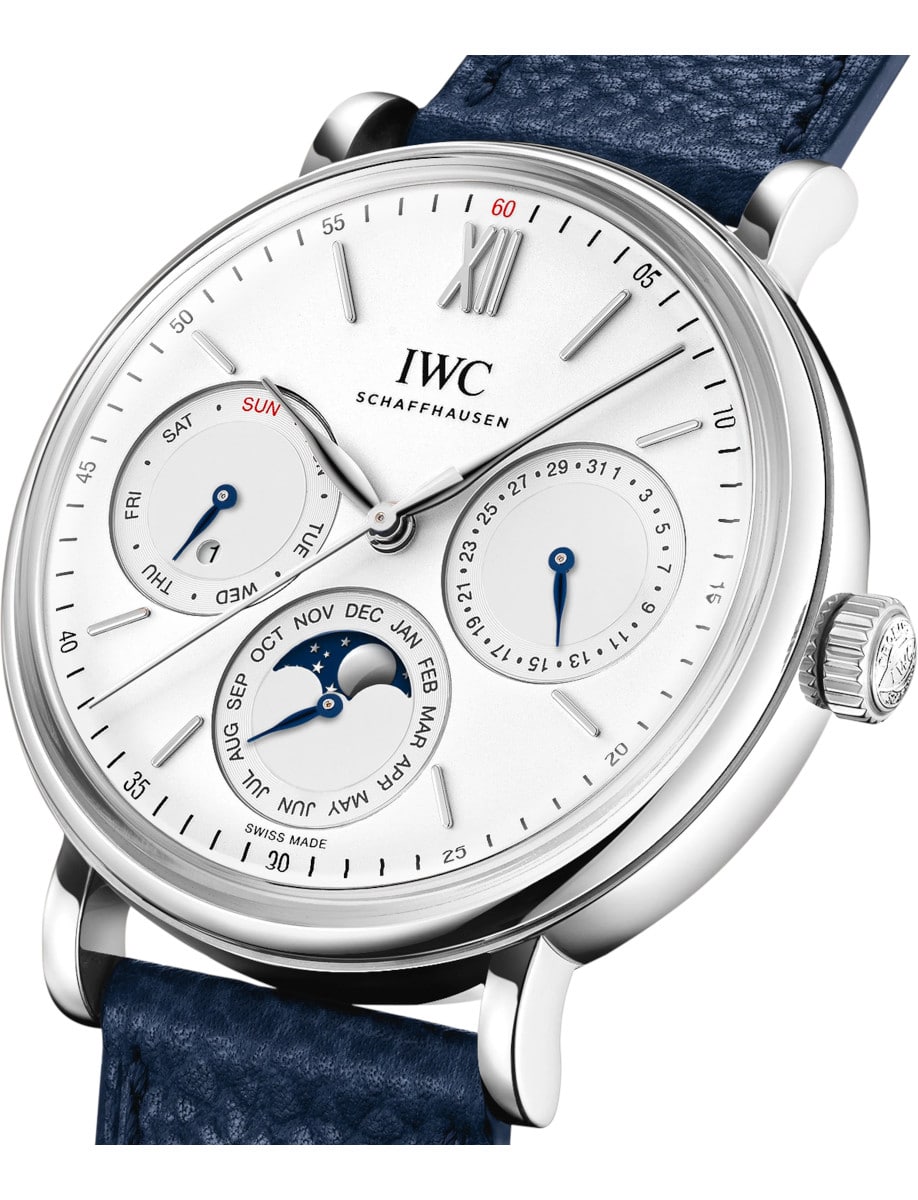Side view of wristwatch with stainless steel case, white dial and blue calfskin leather.
