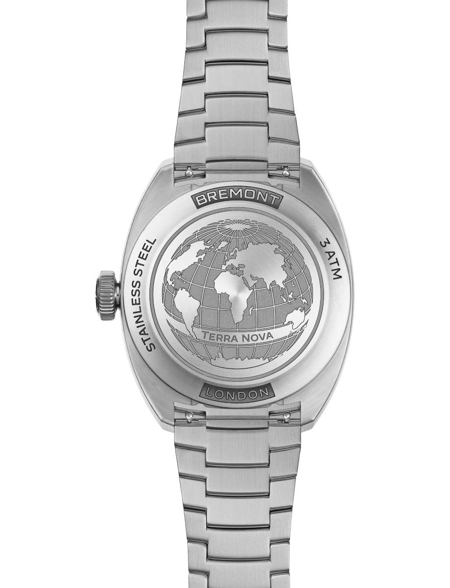 Back view of Bremont wristwatch with stainless steel case and bracelet.