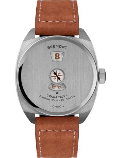 Bremont wristwatch with stainless steel case and dial, and brown leather strap.