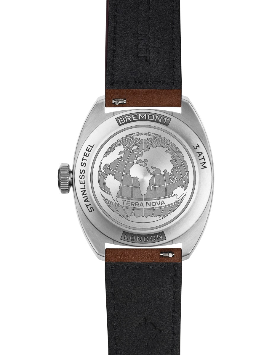 Back view of Bremont wristwatch with stainless steel case, and brown leather strap.