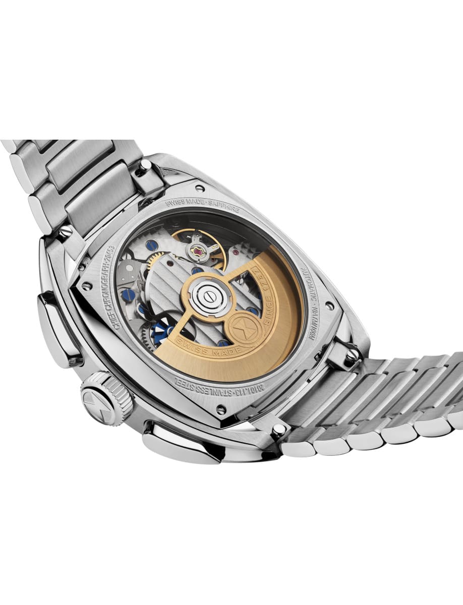 Back view of Favre Leuba wristwatch with stainless steel case and bracelet and black dial