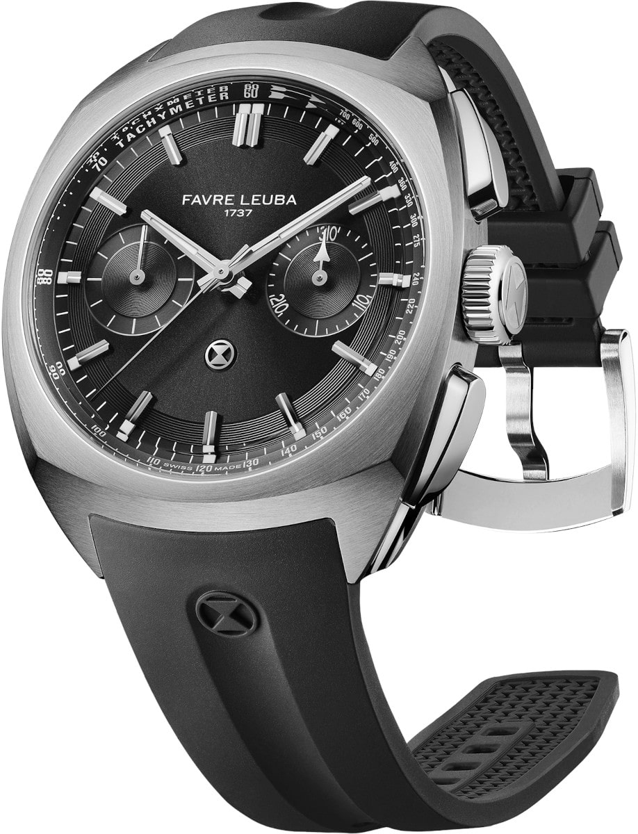 Side view of Favre Leuba wristwatch with stainless steel case, black dial, and black rubber strap.
