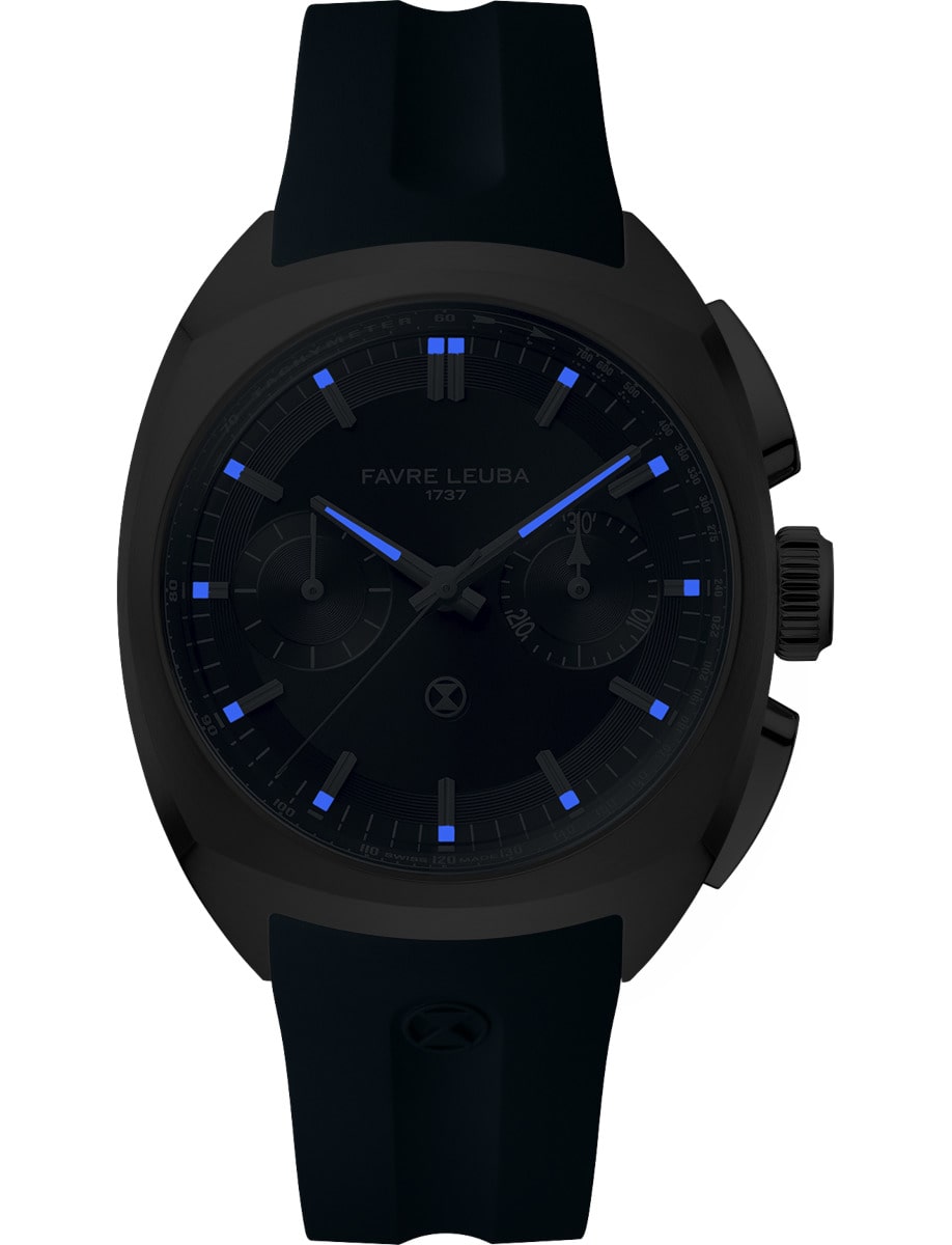 Night view of Favre Leuba wristwatch with stainless steel case, blue dial and blue rubber strap