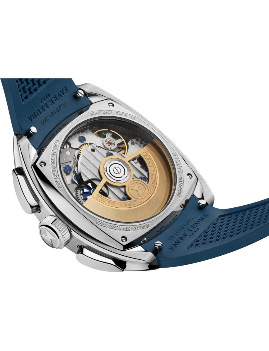 Back view of Favre Leuba wristwatch with stainless steel case, blue dial and blue rubber strap