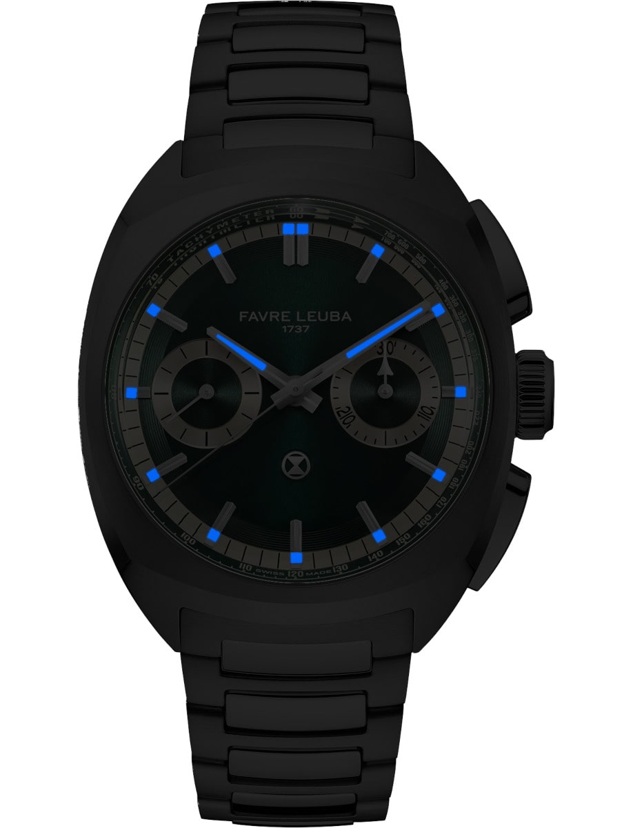 Night view of Favre Leuba wristwatch with stainless steel case and bracelet and green dial
