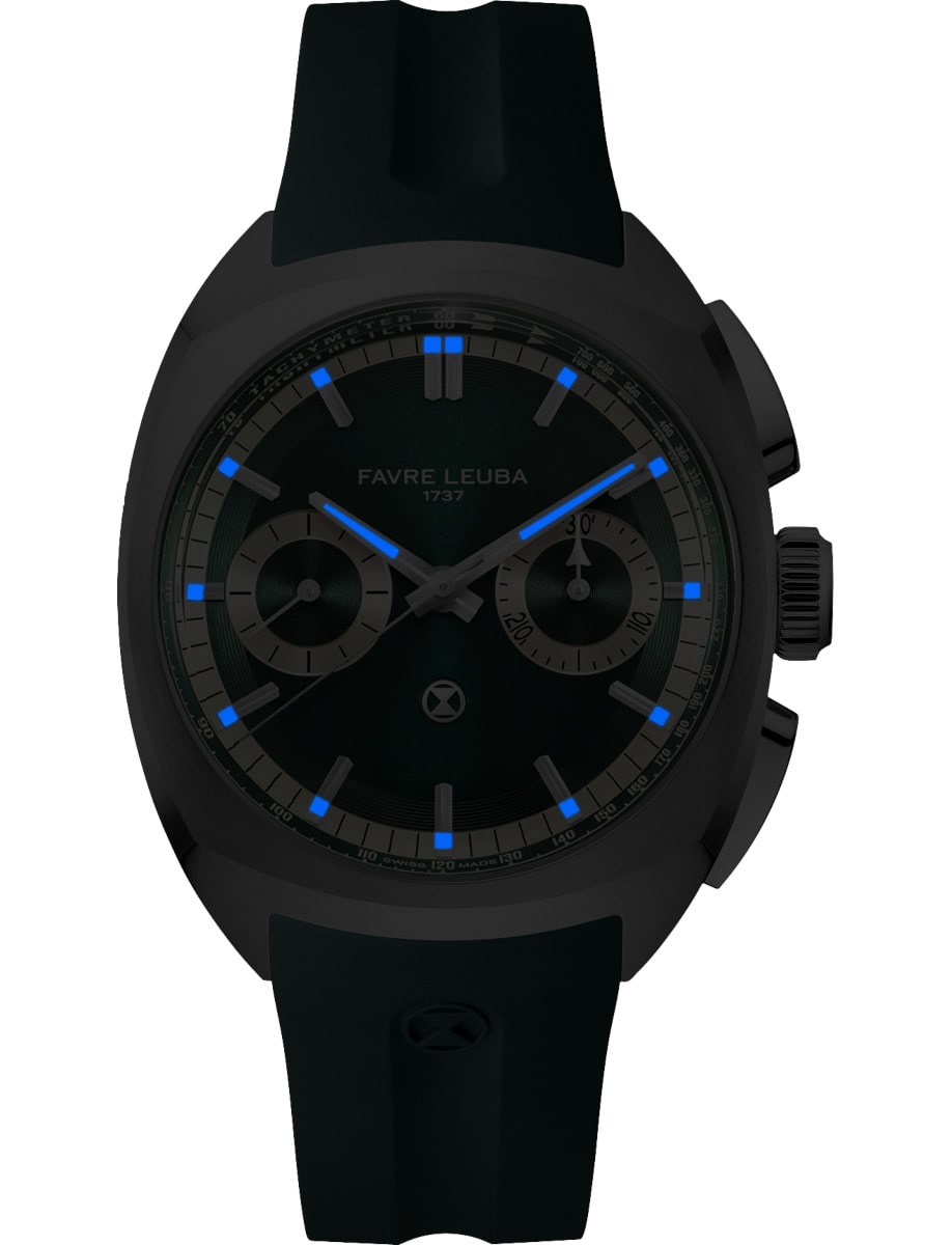 Night view of Favre Leuba wristwatch with stainless steel case, green dial and green rubber strap