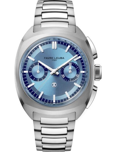 Favre Leuba wristwatch with stainless steel case and bracelet, and ice blue dial.