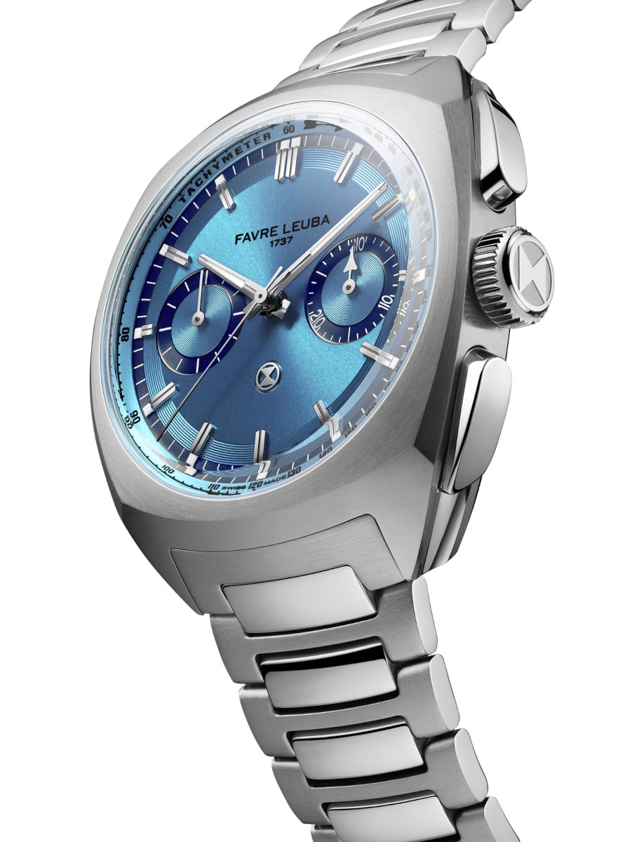 Side view of Favre Leuba wristwatch with stainless steel case and bracelet, and ice blue dial.