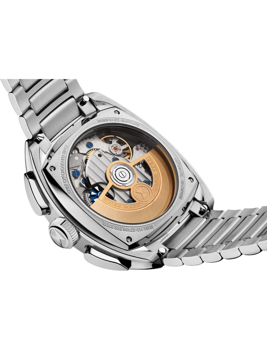 Favre Leuba wristwatch with stainless steel case and bracelet, and open case back.