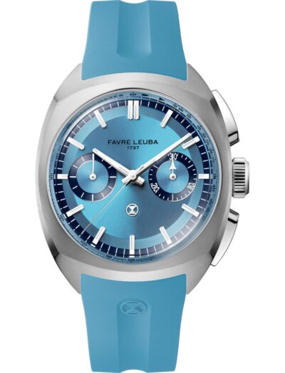 Favre Leuba wristwatch with stainless steel case, ice blue dial and rubber strap.