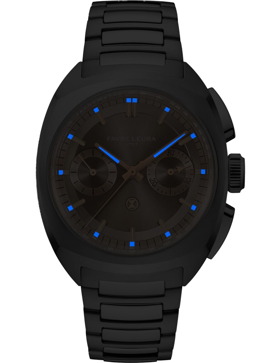 Night view of Favre Leuba wristwatch with stainless steel case and bracelet and dune dial