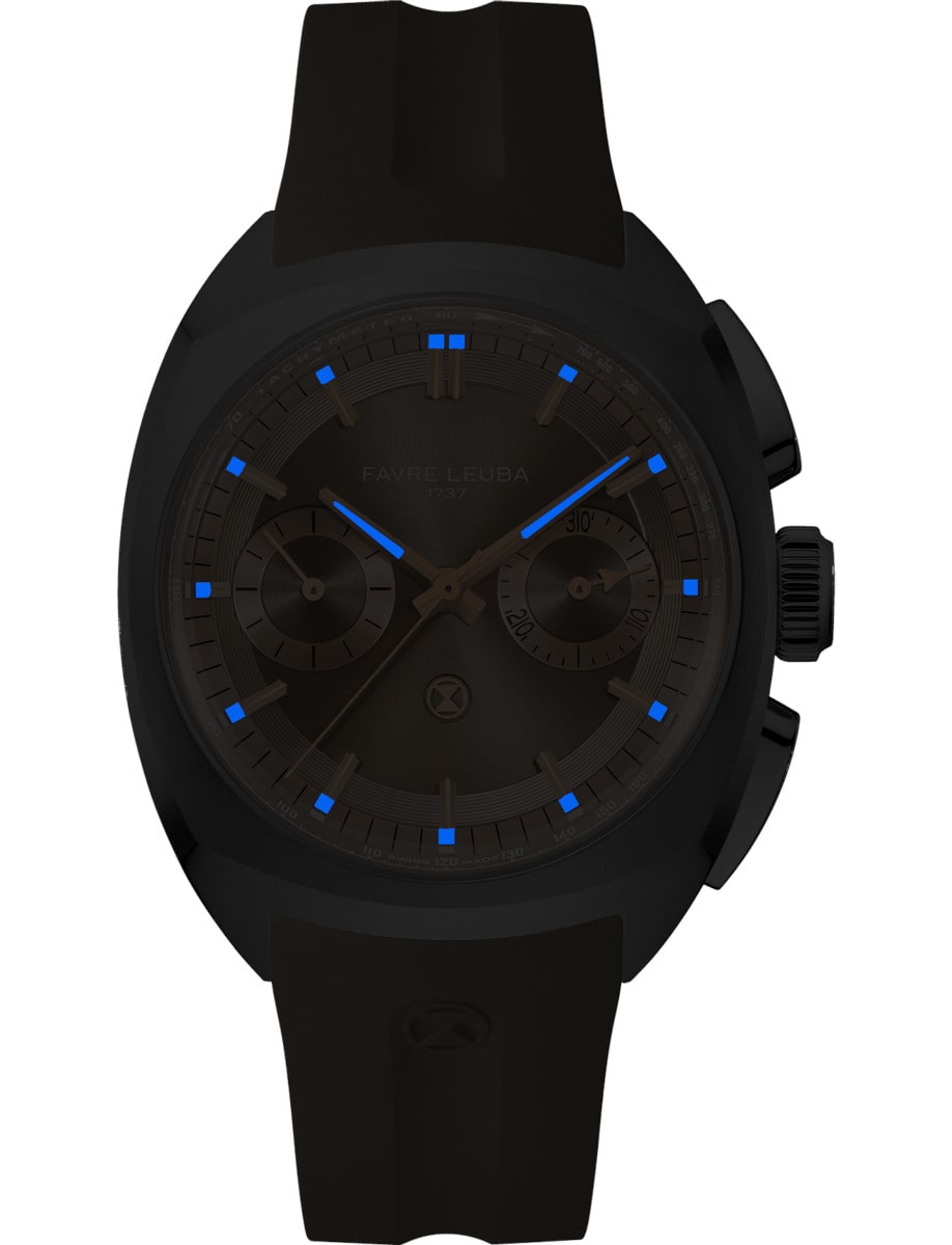 Night view of Favre Leuba wristwatch with stainless steel case, dune dial and dune rubber strap