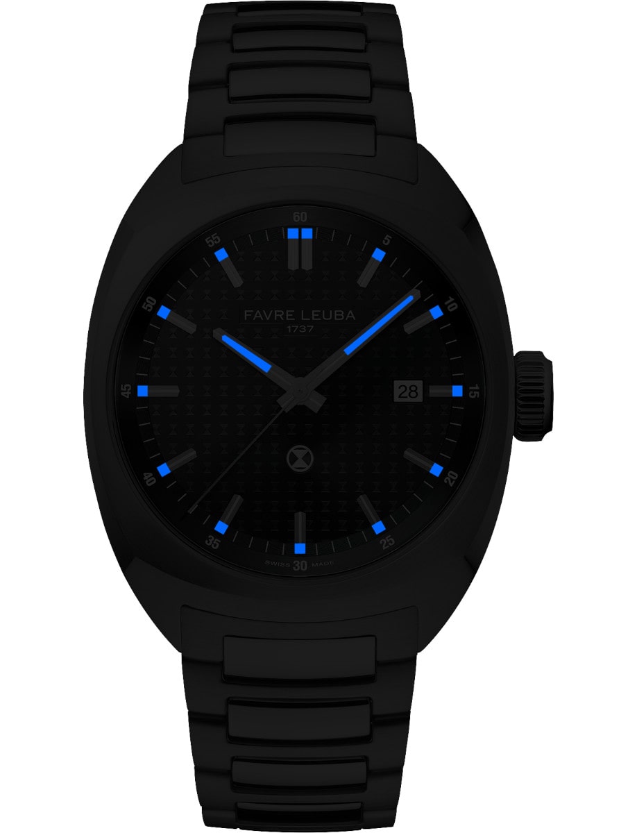 Front view of Favre Leuba wristwatch with stainless steel case and bracelet, and black dial with luminous hands and markers.