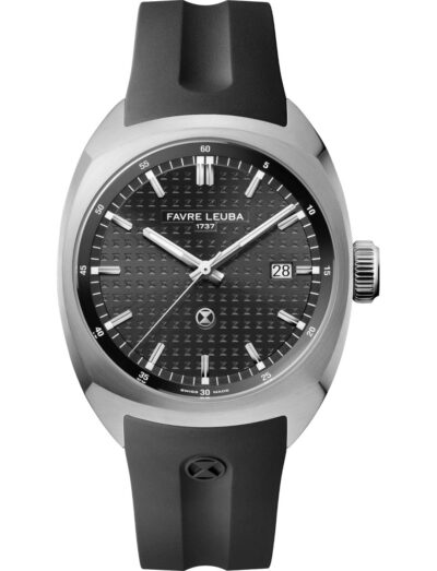 Favre Leuba wristwatch with stainless steel case, black dial, and black rubber strap. | Feldmar Watch Co. Favre Leuba wristwatch with stainless steel case, black dial, and black rubber strap.