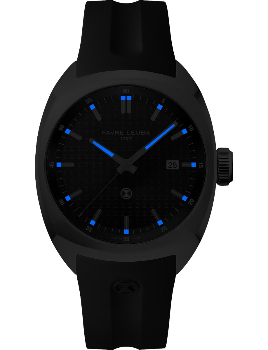Side view of Favre Leuba wristwatch with stainless steel case, black dial with luminous hands and markers, and black rubber strap.