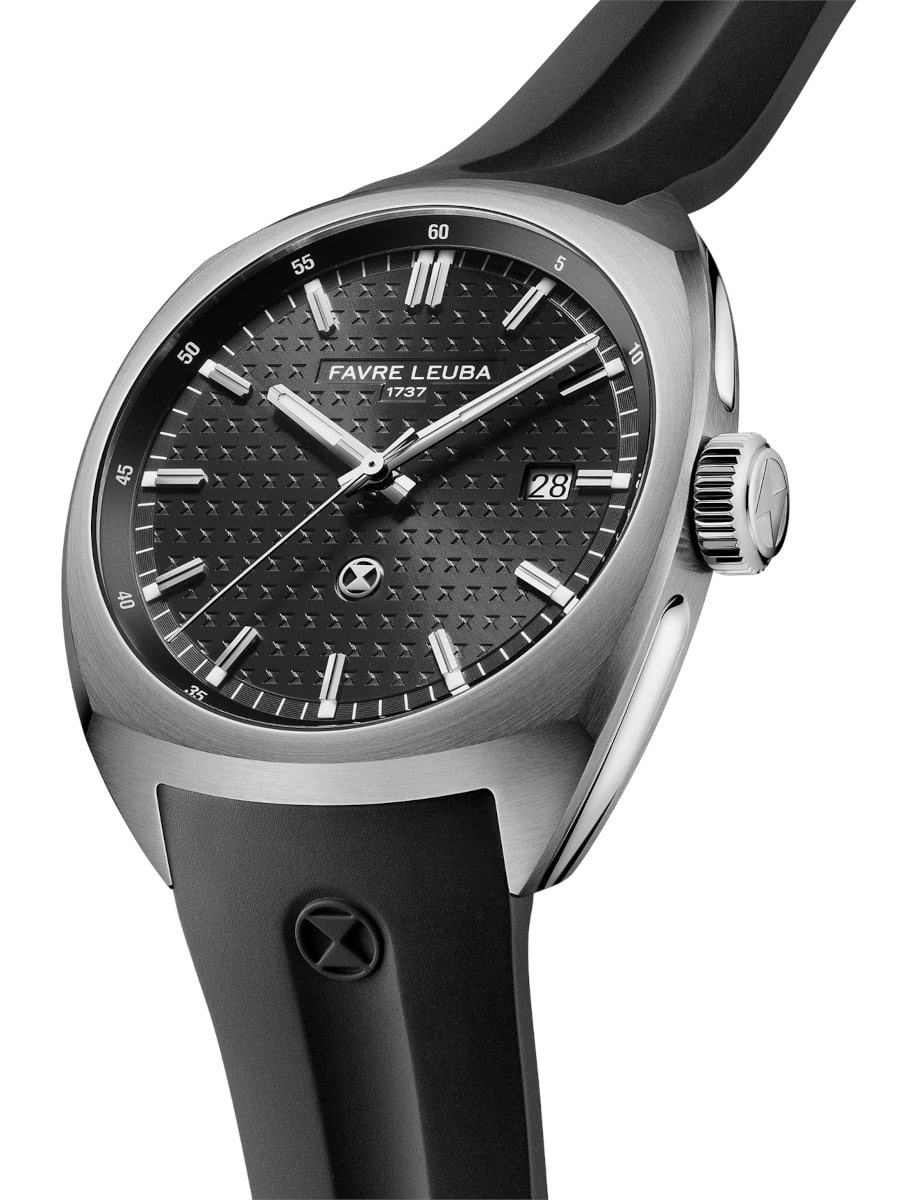 Side view of Favre Leuba wristwatch with stainless steel case, black dial, and black rubber strap.