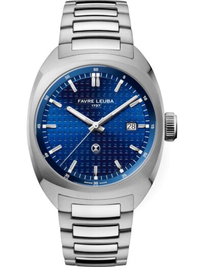 Favre Leuba wristwatch with stainless steel case and bracelet, and blue dial.