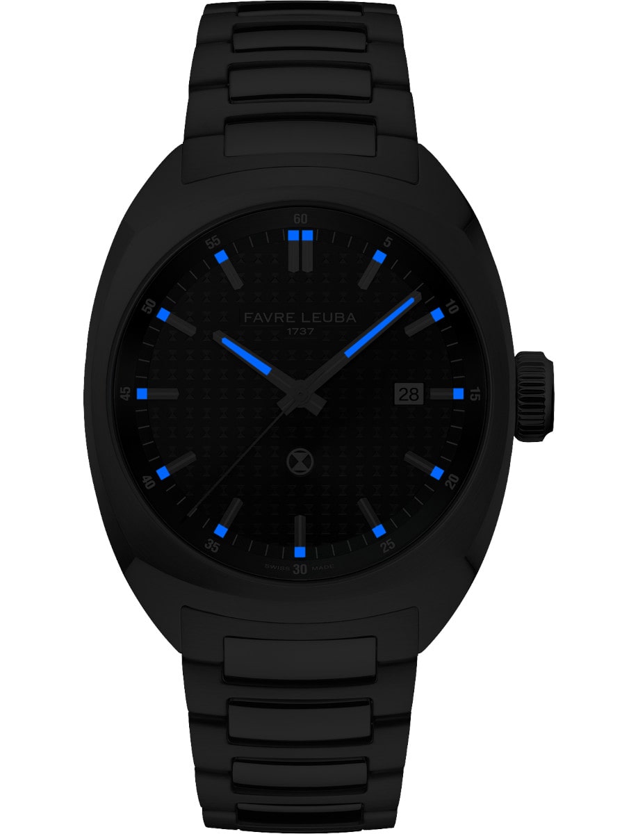 Front view of Favre Leuba wristwatch with stainless steel case and bracelet, and blue dial with luminous hands and markers.