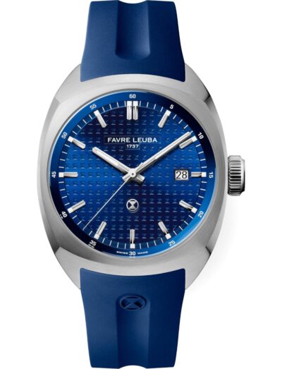 Favre Leuba wristwatch with stainless steel case, blue dial, and blue rubber strap. | Feldmar Watch Co. Favre Leuba wristwatch with stainless steel case, blue dial, and blue rubber strap.