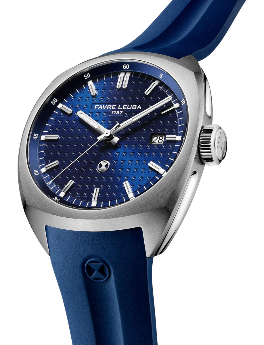 Side view of Favre Leuba wristwatch with stainless steel case, blue dial, and blue rubber strap.
