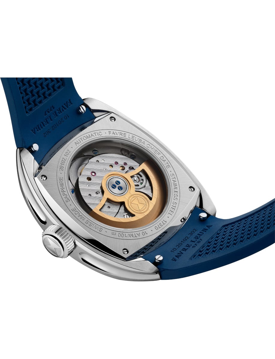 Favre Leuba wristwatch with stainless steel case, open case back, and blue rubber strap.