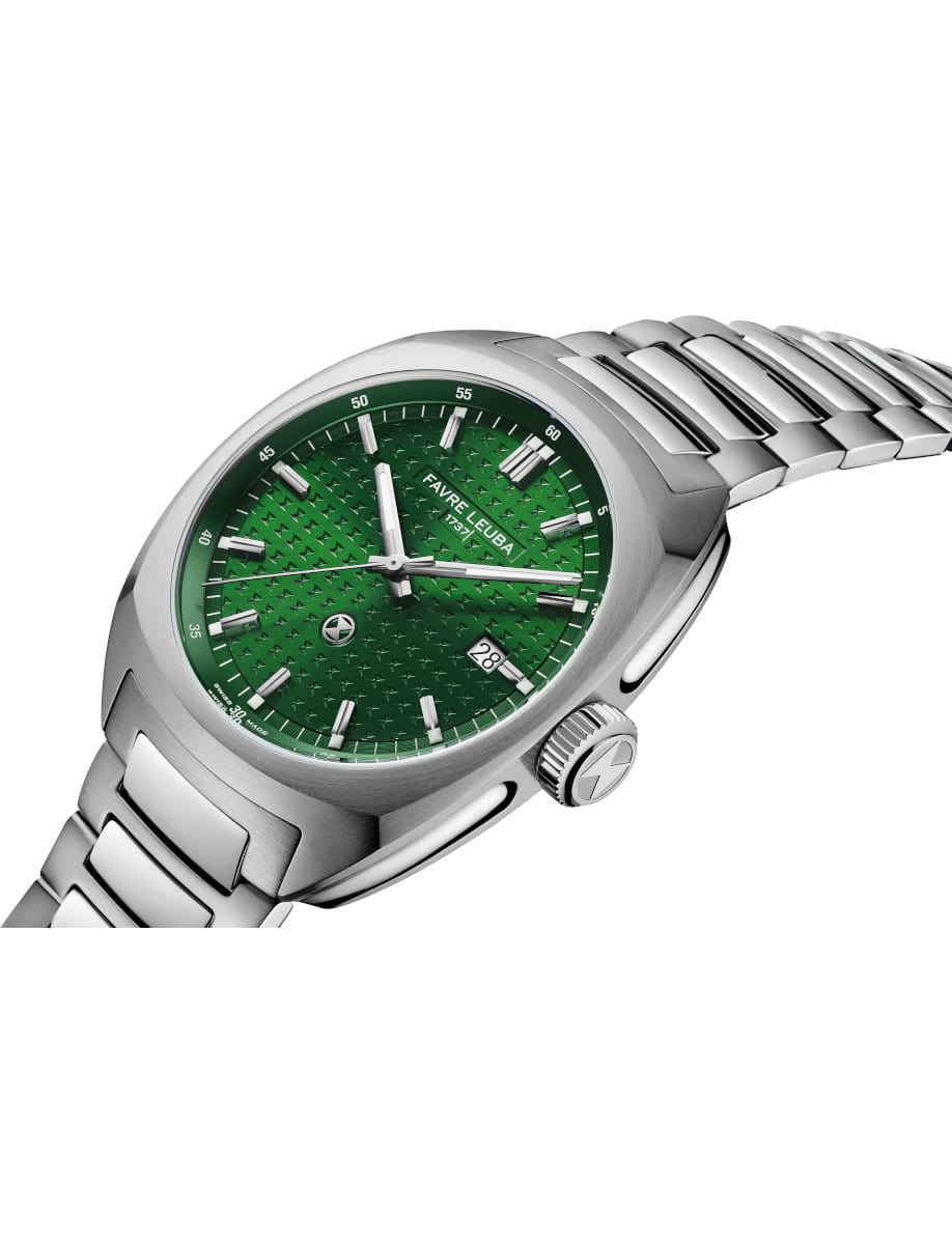 Side view of Favre Leuba wristwatch with stainless steel case and bracelet, and green dial.