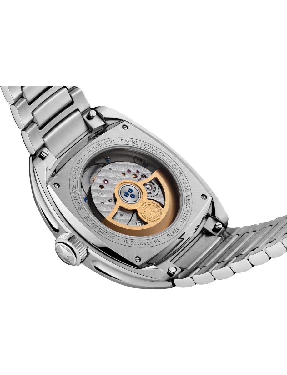 Favre Leuba wristwatch with stainless steel case and bracelet, and open case back.