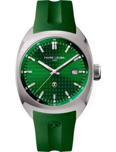 Favre Leuba wristwatch with stainless steel case, green dial, and green rubber strap. | Feldmar Watch Co. Favre Leuba wristwatch with stainless steel case, green dial, and green rubber strap.