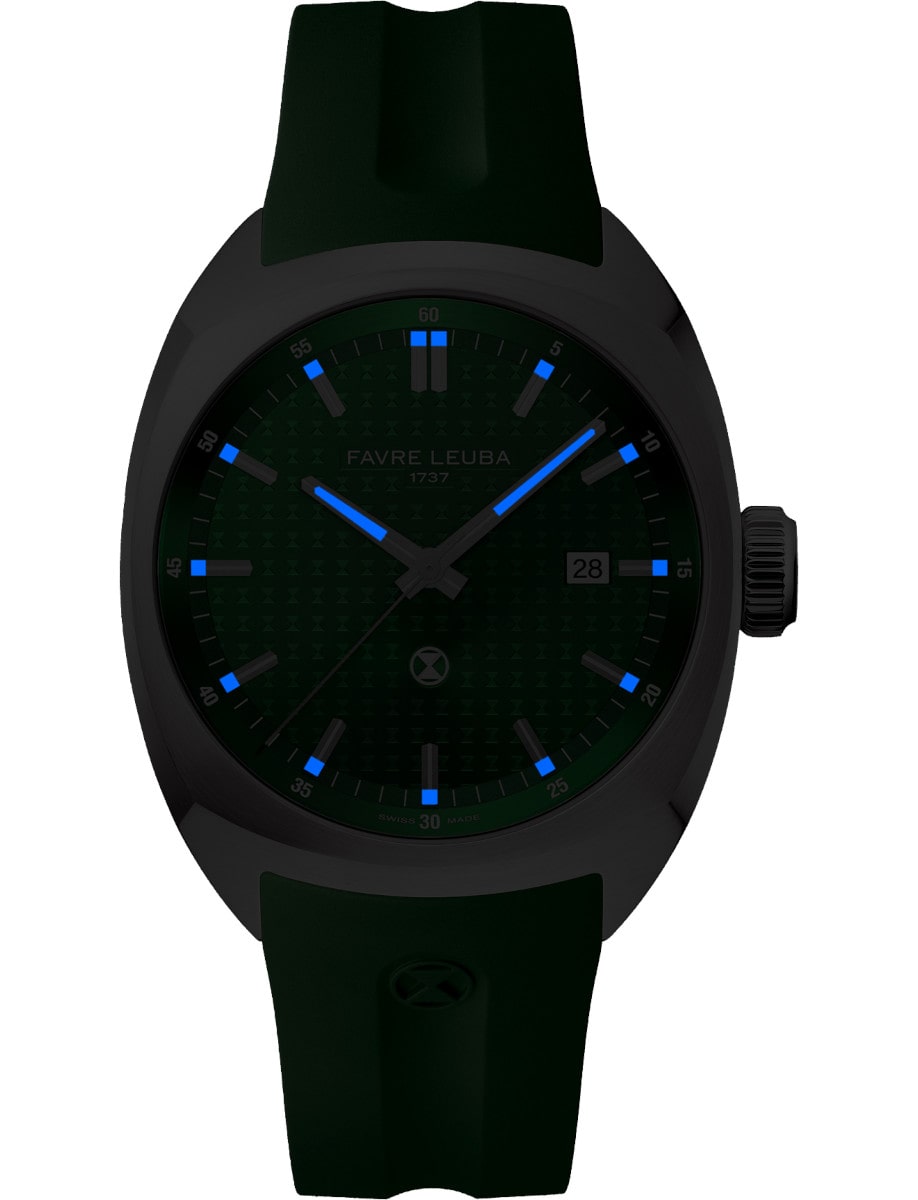 Side view of Favre Leuba wristwatch with stainless steel case, green dial with luminous hands and markers, and green rubber strap.