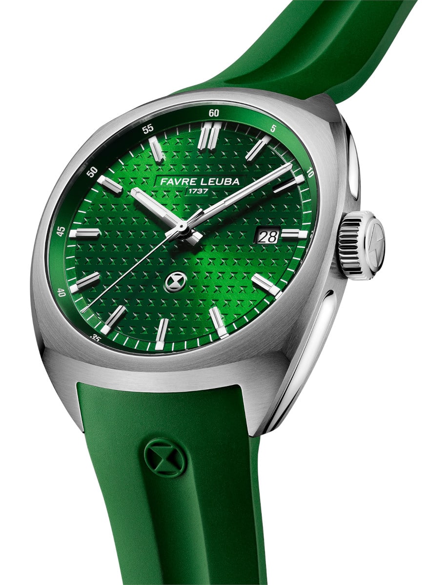 Side view of Favre Leuba wristwatch with stainless steel case, green dial, and green rubber strap.