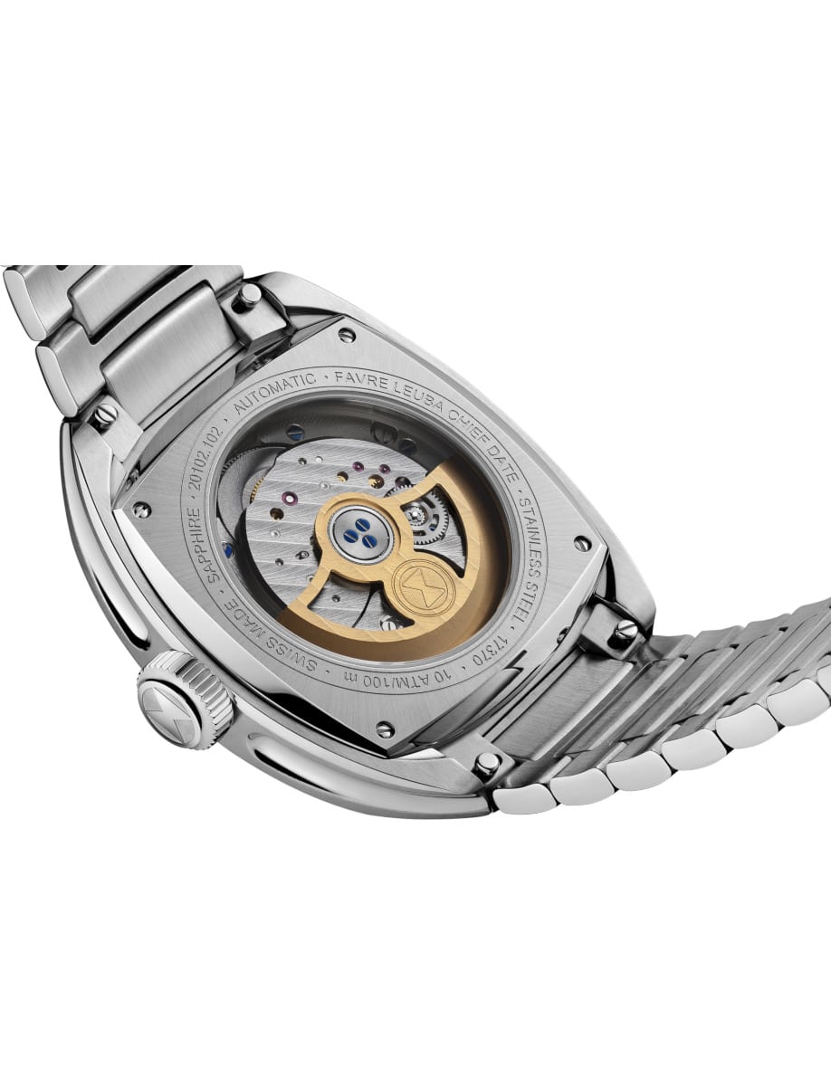 Back view of Favre Leuba wristwatch with stainless steel case and bracelet and purple dial