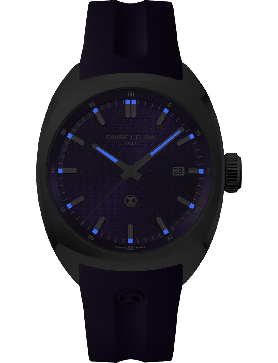 Night view of Favre Leuba wristwatch with stainless steel case, purple dial and purple rubber strap