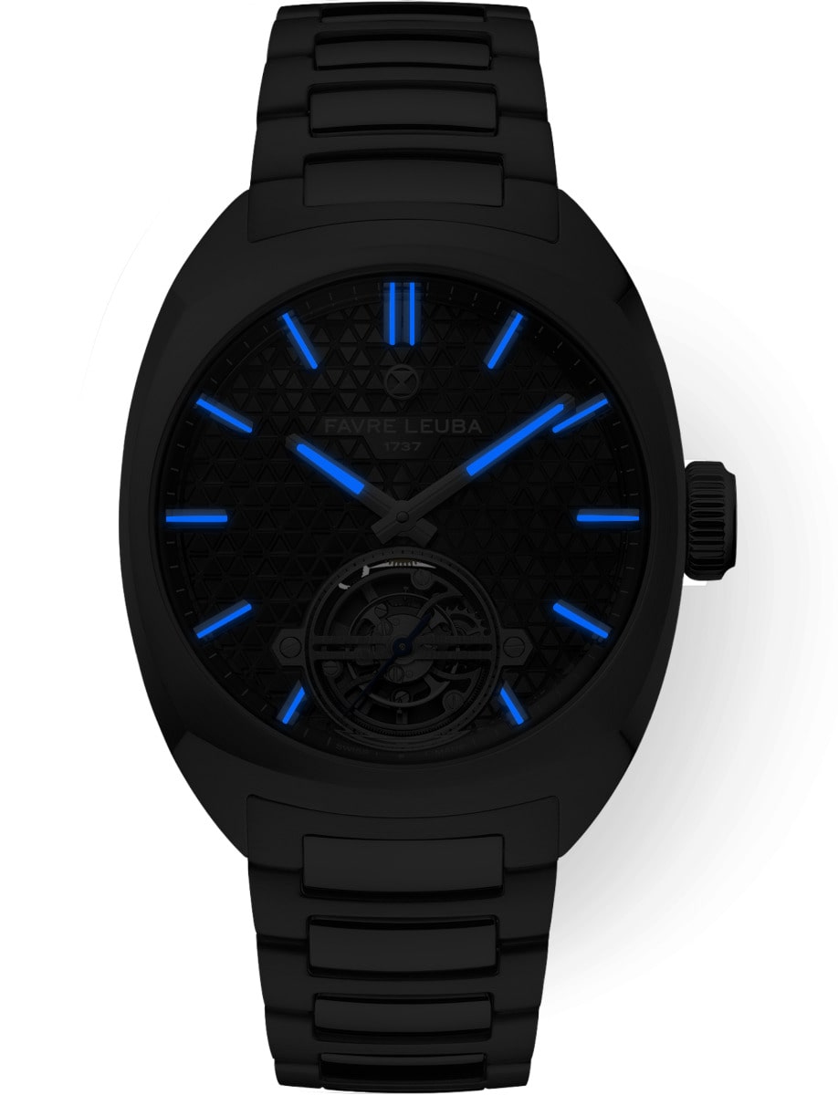 Night view of Favre Leuba wristwatch with stainless steel case and bracelet and gray dial