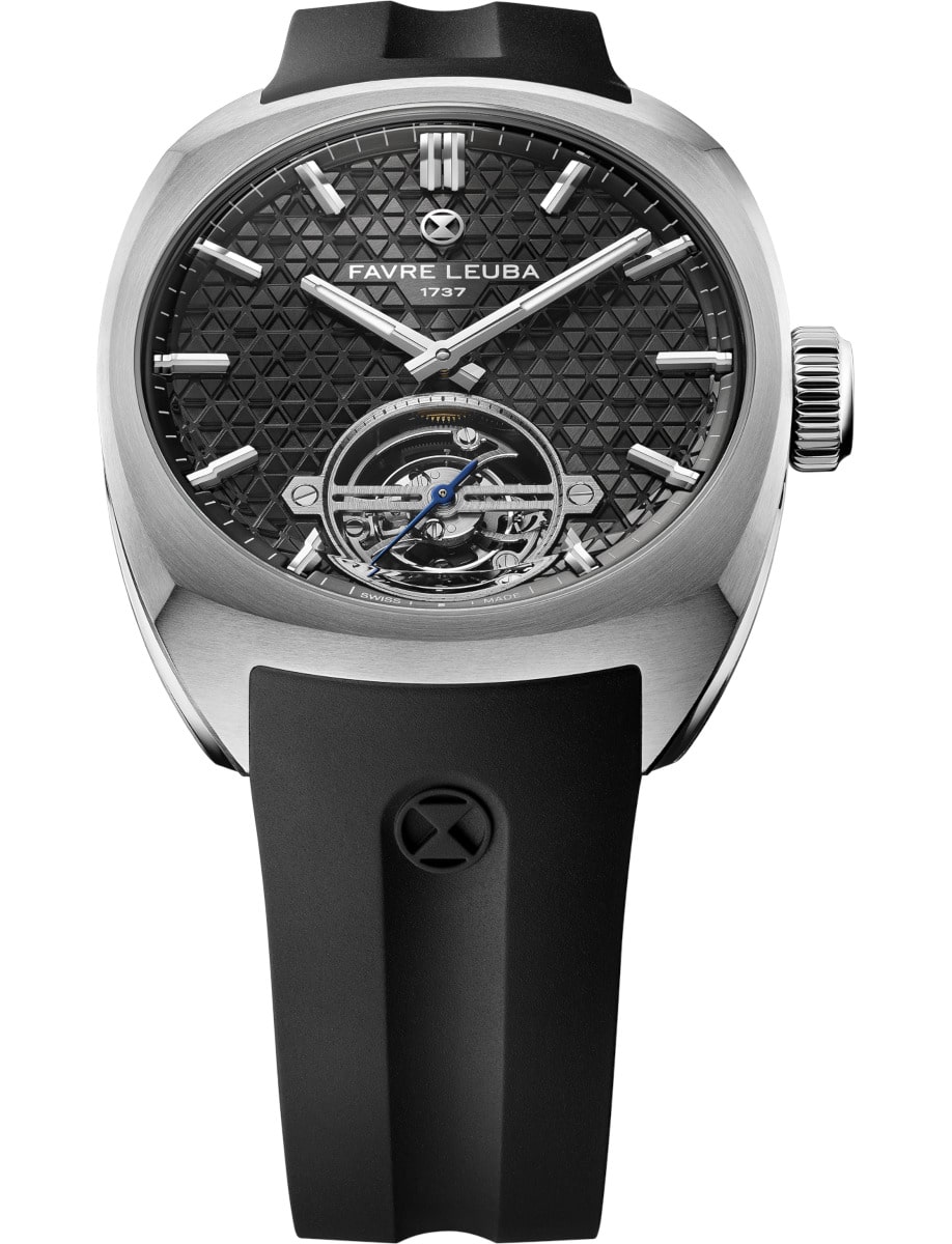 Front view of Favre Leuba wristwatch with stainless steel case, gray dial and black rubber strap