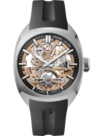 Favre Leuba wristwatch with stainless steel case, skeletonized dial with a black minute ring, and black rubber strap.