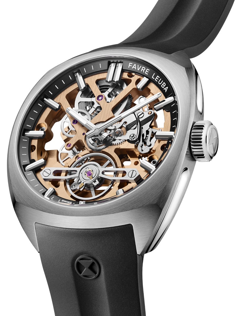 Side view of Favre Leuba wristwatch with stainless steel case, skeletonized dial with a black minute ring, and black rubber strap.