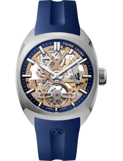 Favre Leuba wristwatch with stainless steel case, skeletonized dial with a blue minute ring, and blue rubber strap.