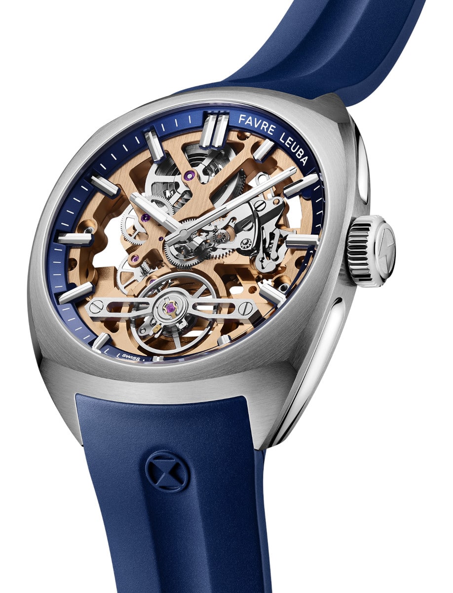Side view of Favre Leuba wristwatch with stainless steel case, skeletonized dial with a blue minute ring, and blue rubber strap.