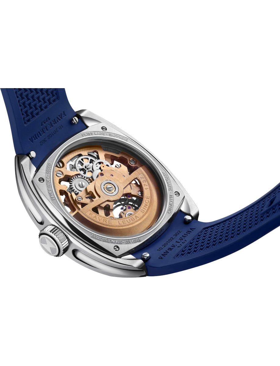 Back view of Favre Leuba wristwatch with stainless steel case, open case back, and blue rubber strap.