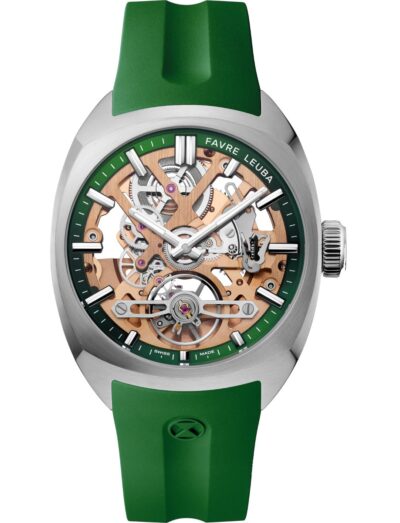 Favre Leuba wristwatch with stainless steel case, skeletonized dial with a green minute ring, and green rubber strap.
