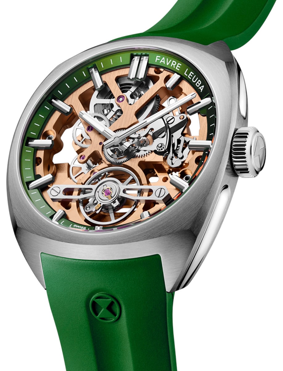 Side view of Favre Leuba wristwatch with stainless steel case, skeletonized dial with a green minute ring, and green rubber strap.